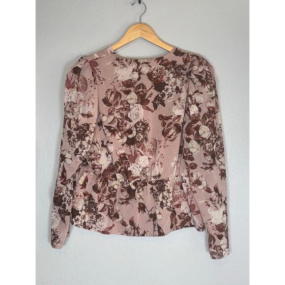 Express Floral Print Faux Wrap Front Peplum Top Mauve Pink Blouse Womens XL - Picture 4 of 7